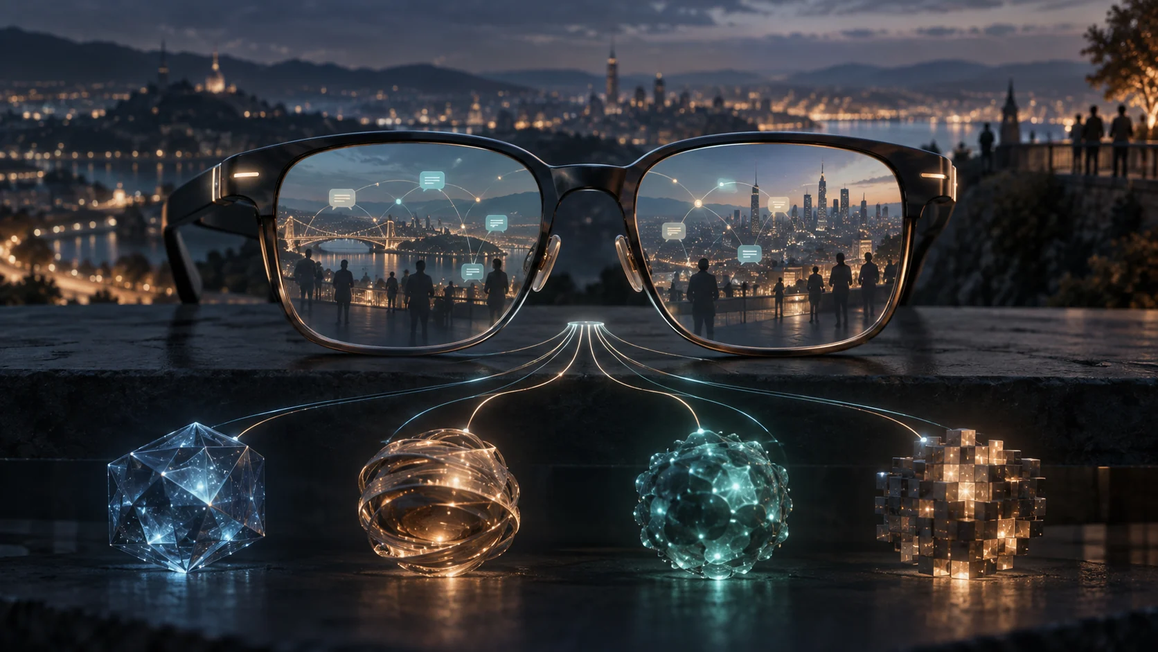 Smart glasses reflect a city and communication links while several abstract AI model cores connect below the frame.