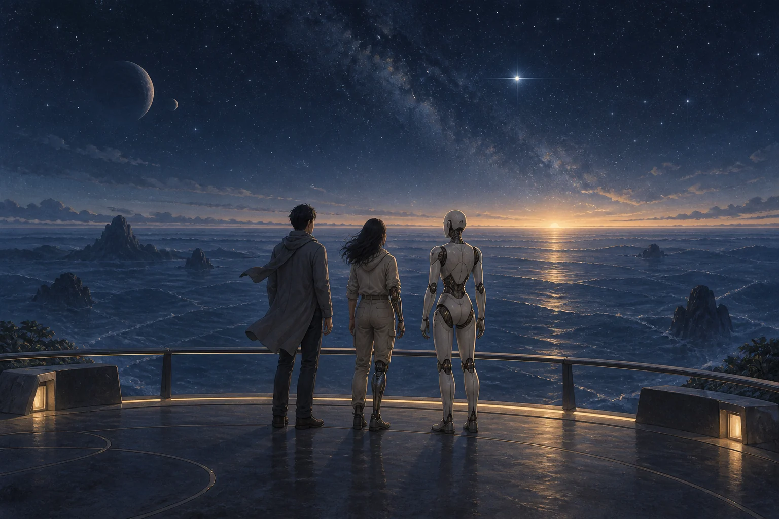 A human, a traveler with mechanical limbs, and an artificial humanoid stand together above a deep blue sea, looking toward the same starry horizon.