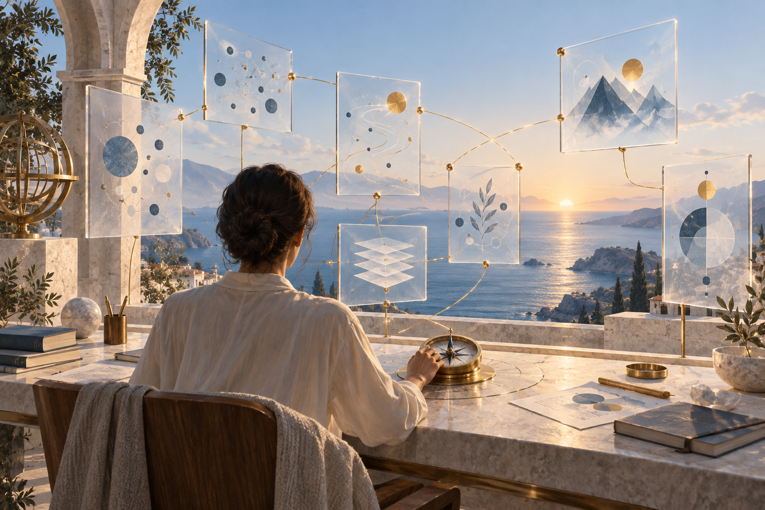 A person at a seaside desk rests a hand on a brass compass, facing transparent panels of abstract forms connected by fine golden lines.