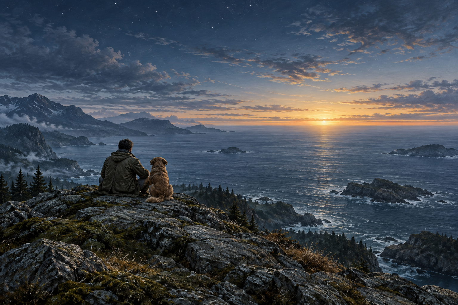 A traveler and a dog sit side by side on a wild rocky headland, facing a deep blue sea and the warm light of dawn.
