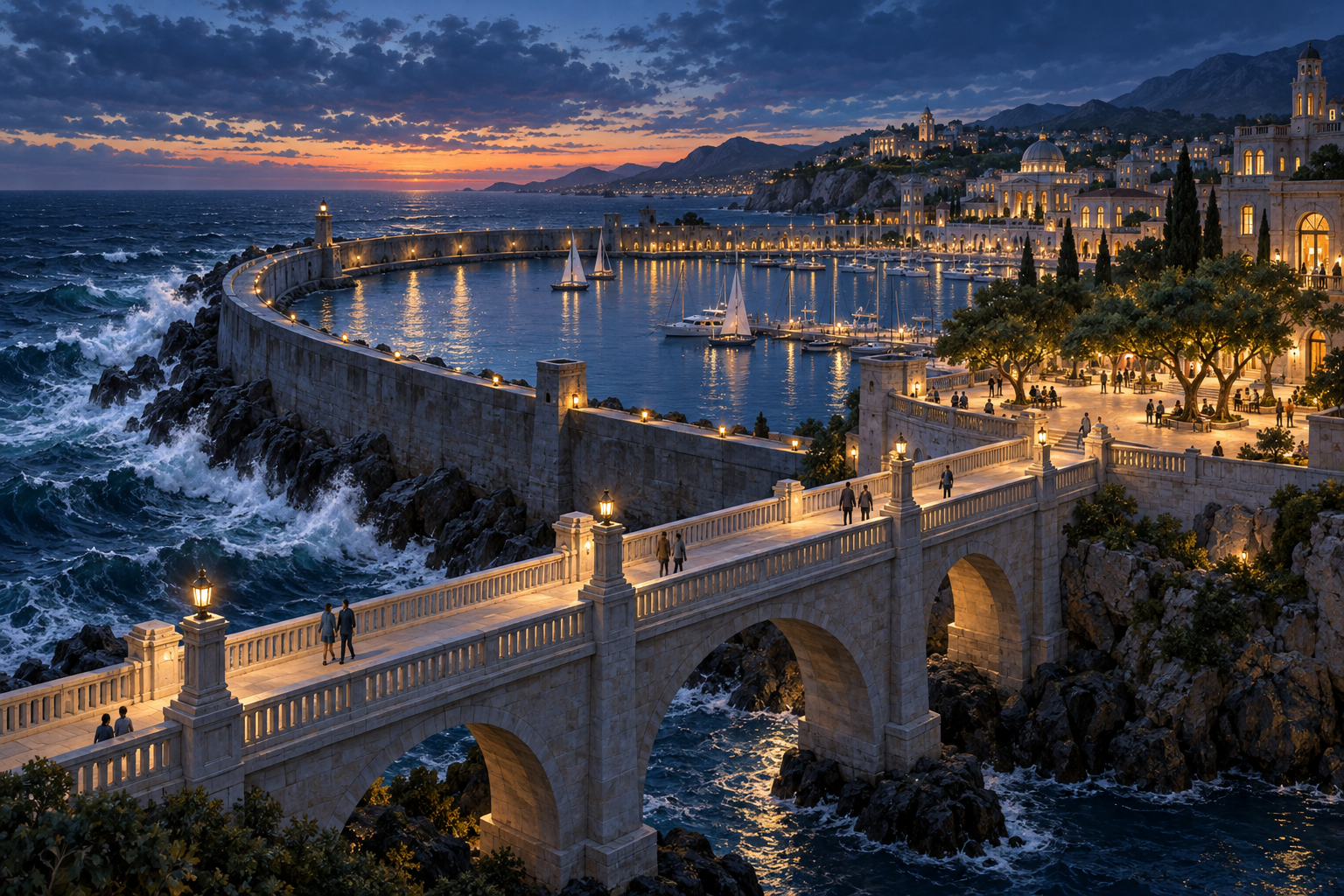 Warm lights illuminate a coastal city at dusk; pedestrians cross a stone bridge with railings while a curved breakwater shelters a calm harbor.