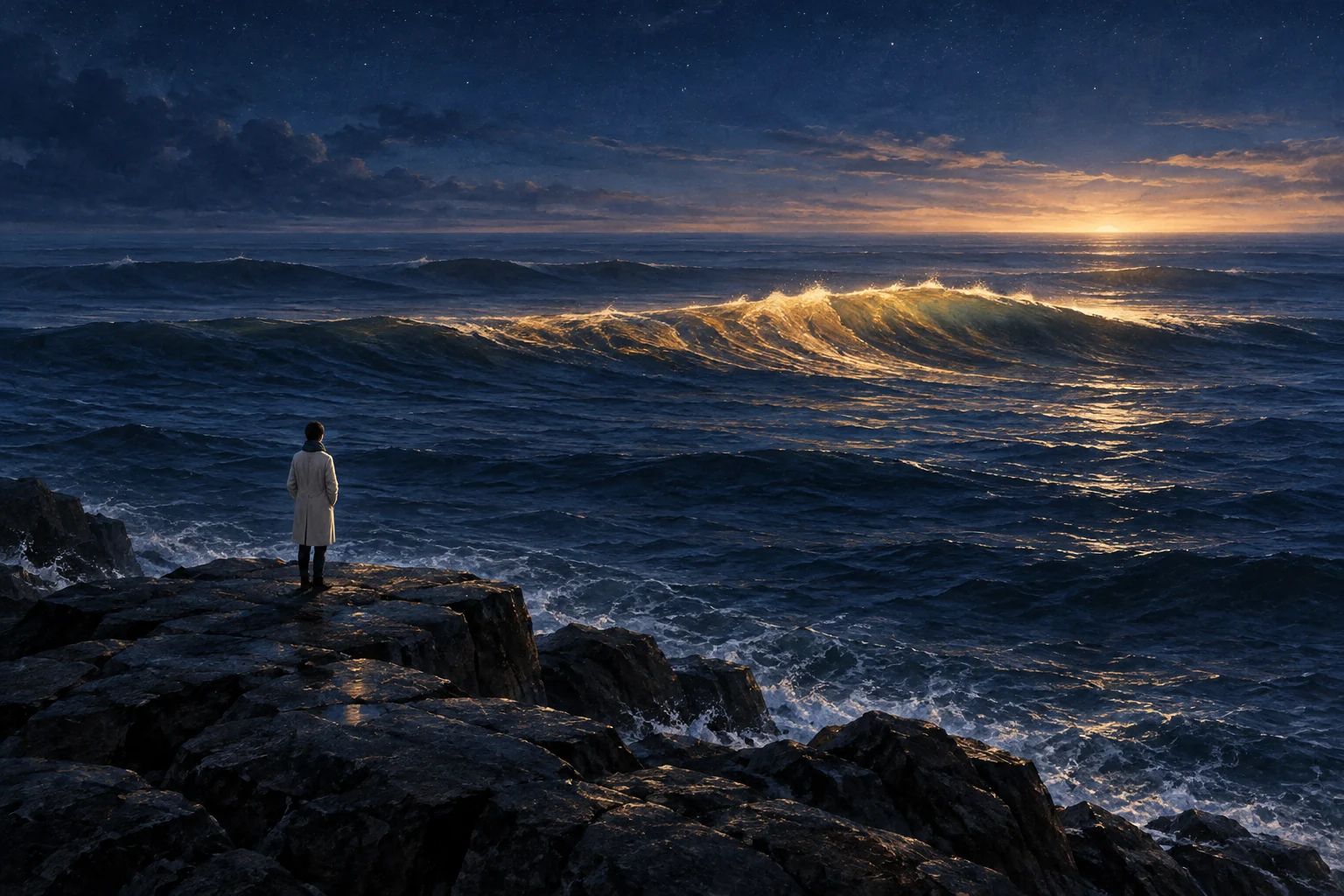 A small figure stands calmly on a broad rock ledge beside a deep blue sea as a golden wave passes in the distance.
