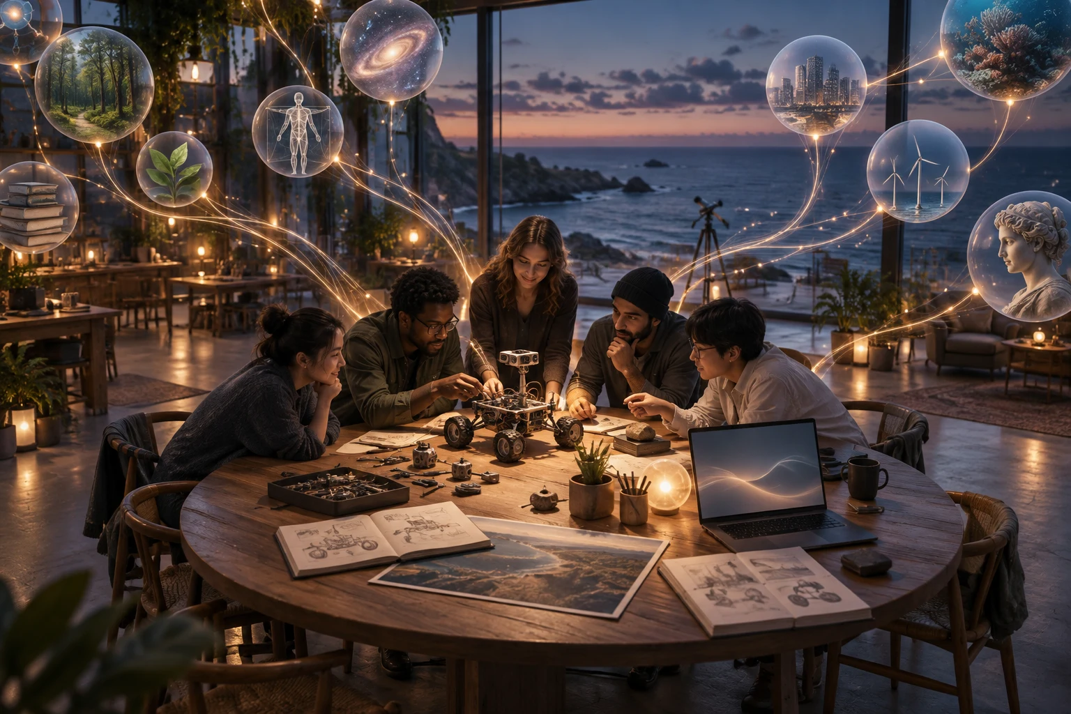 Five people collaborate on a robot around a circular table in a seaside workshop, with luminous threads connecting spheres that represent different fields of knowledge.