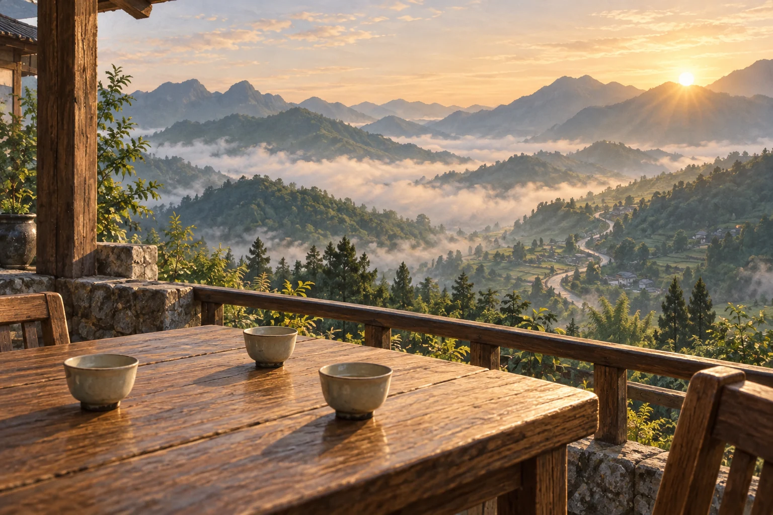 Editorial illustration of three teacups on a mountain terrace at dawn, overlooking a misty valley.