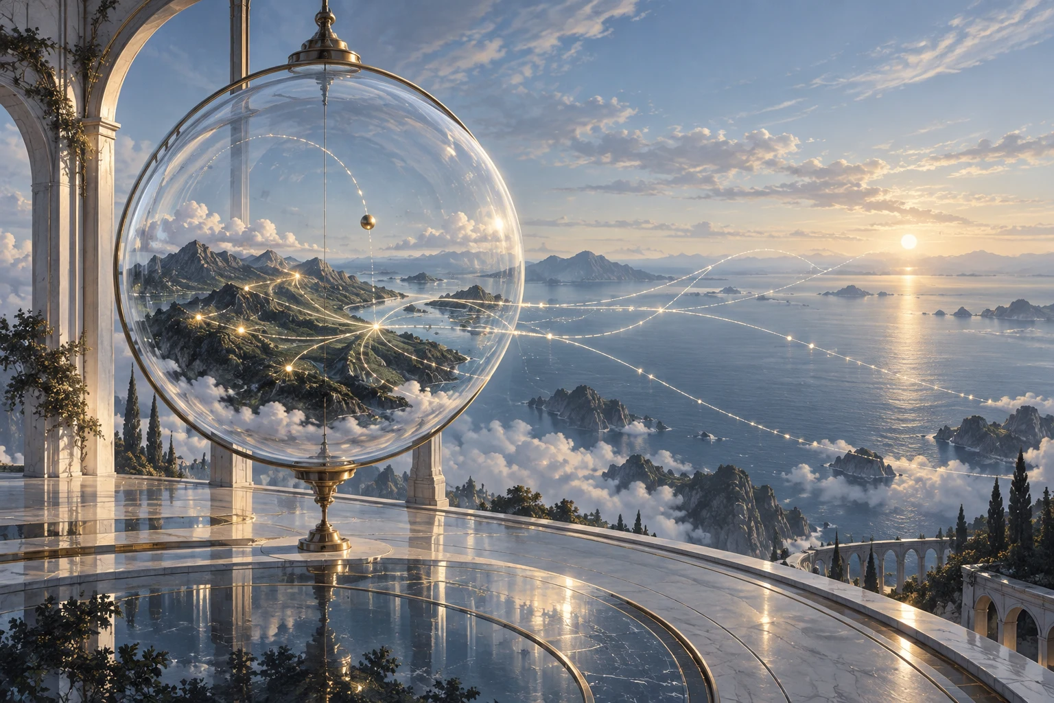 A transparent globe in an ocean observatory holds a miniature landscape and luminous paths, with several trajectories extending toward the horizon.
