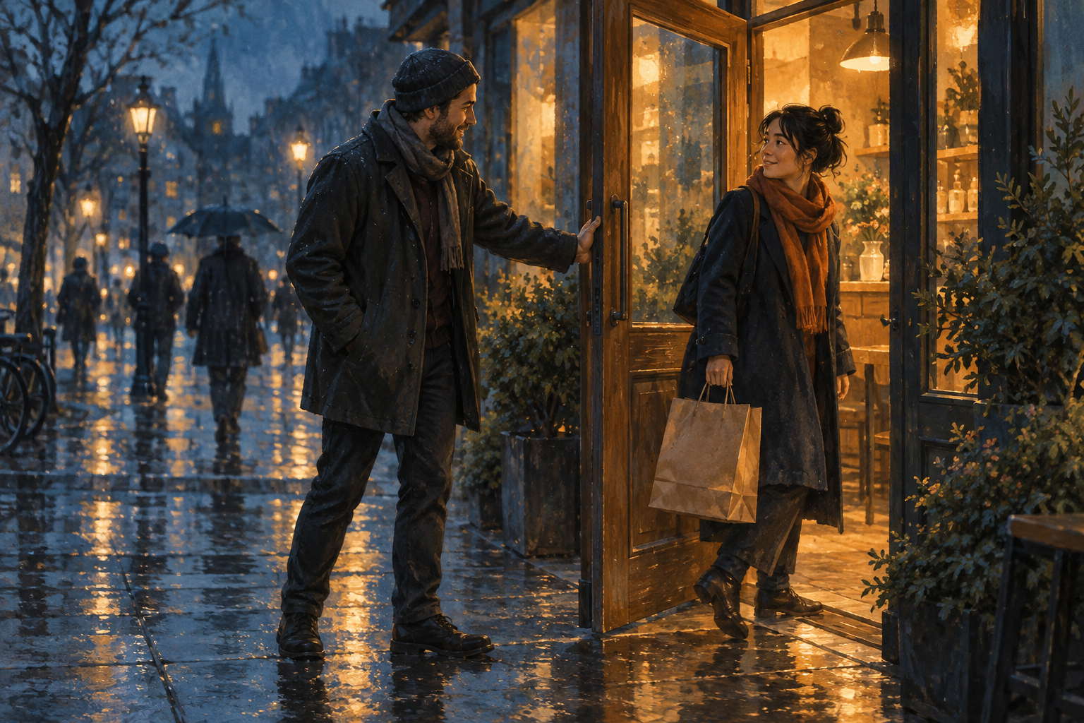 AI-generated illustration of a passerby holding a door for a stranger carrying a paper bag on a rainy street corner, with warm indoor light on their profiles and distant pedestrians in blue twilight.
