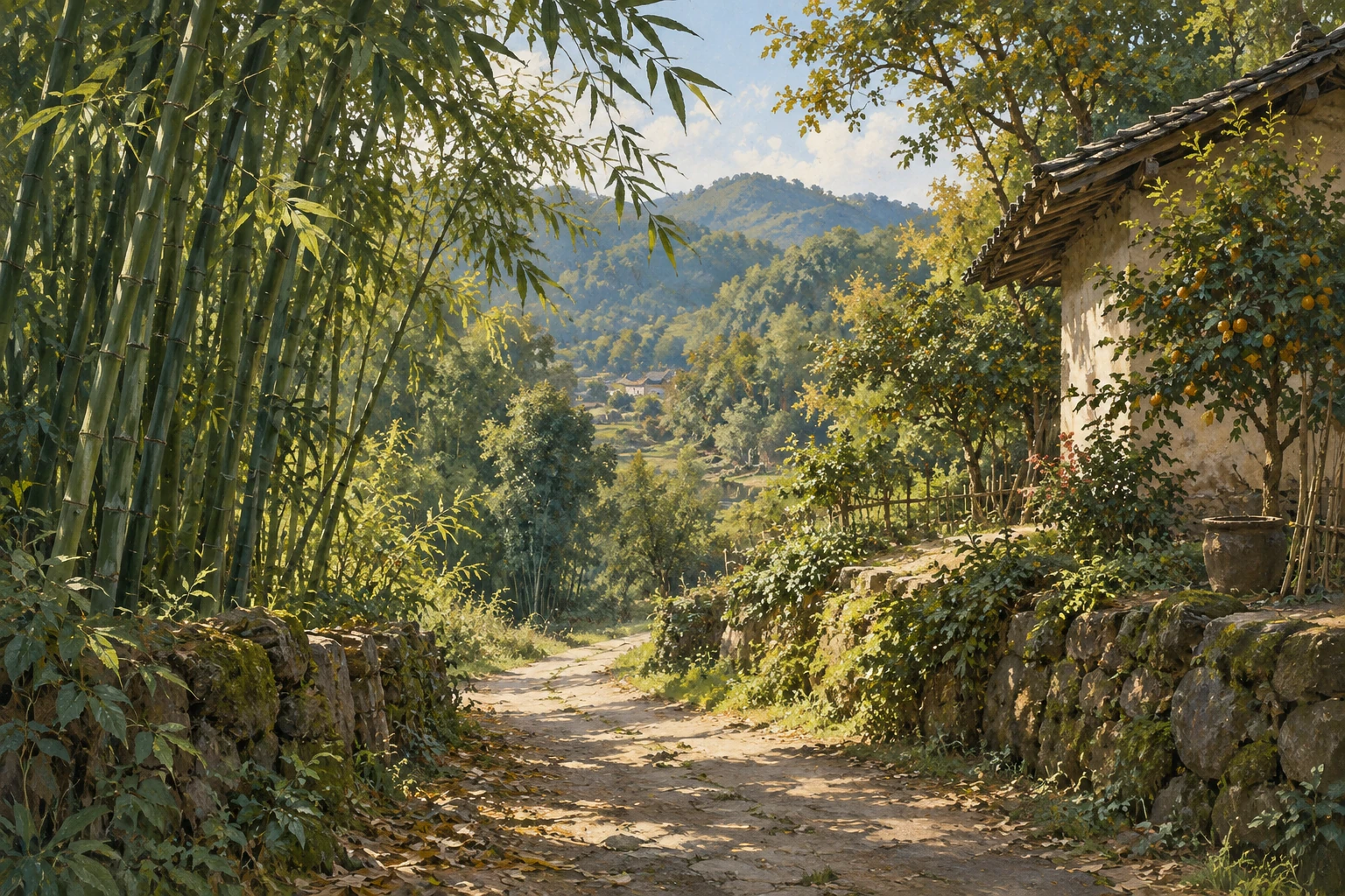 Editorial illustration of a quiet countryside path through bamboo and woodland, with dappled sunlight on the ground and green hills beyond.