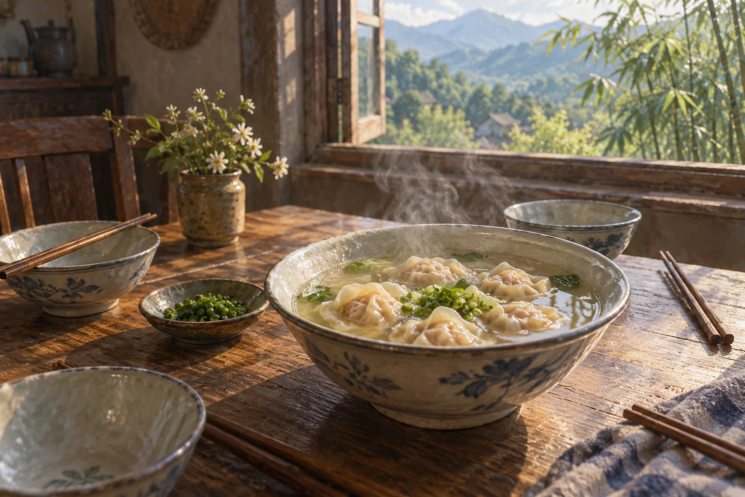Editorial illustration of steaming homemade baomian on a wooden family table, with bowls and chopsticks nearby and bamboo-covered hills beyond the window.