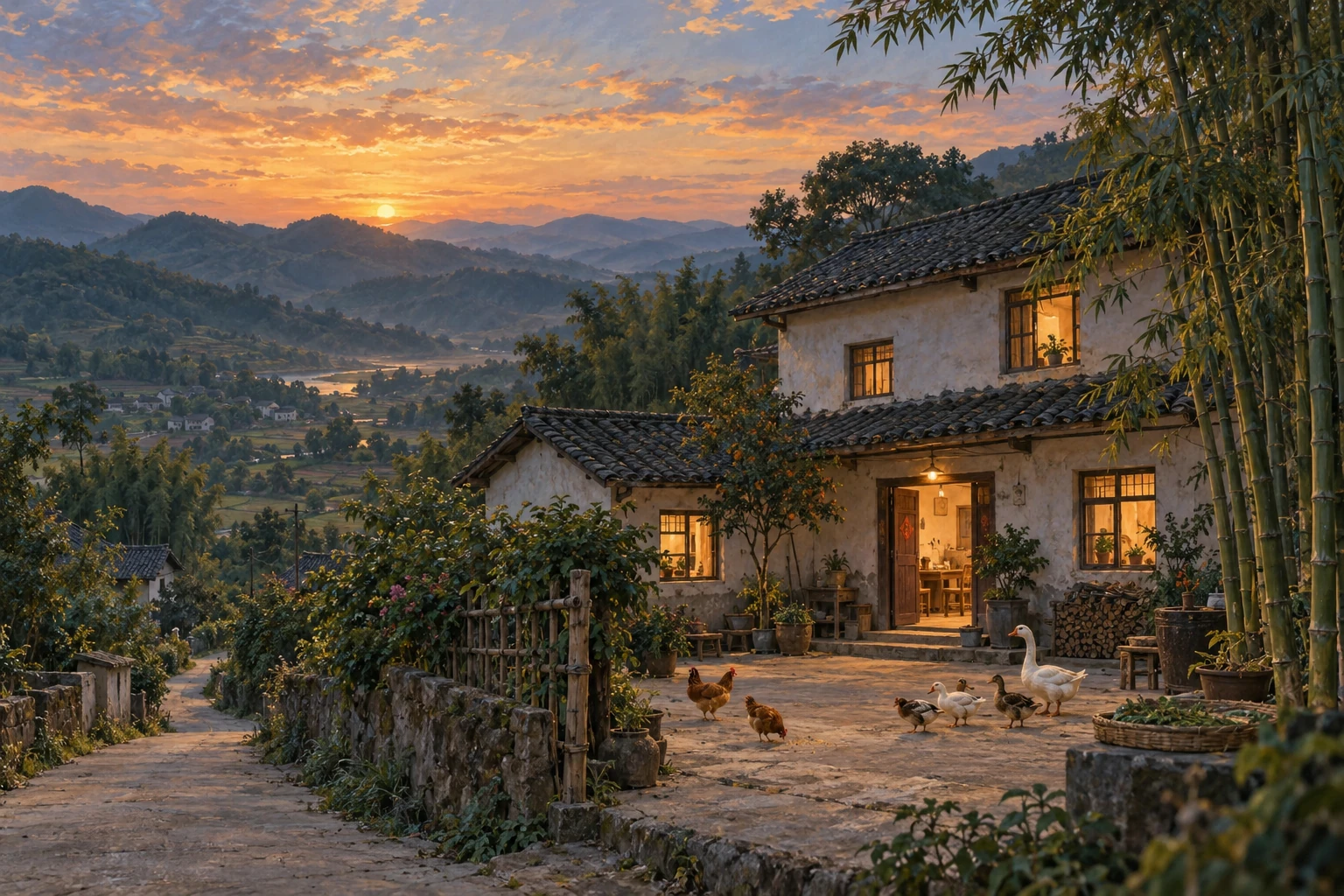 Editorial illustration of a warmly lit rural home among low Sichuan hills and bamboo, with chickens, ducks, and a goose in the courtyard.