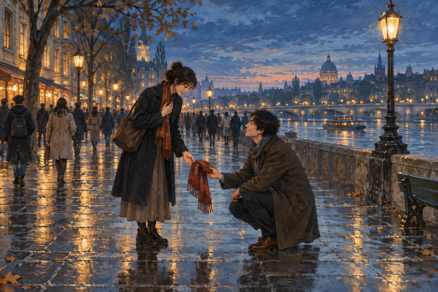 AI-generated illustration of a riverside street at blue hour: distant pedestrians blend into a soft crowd while, up close, one stranger returns a dropped scarf to another beneath warm street lamps.