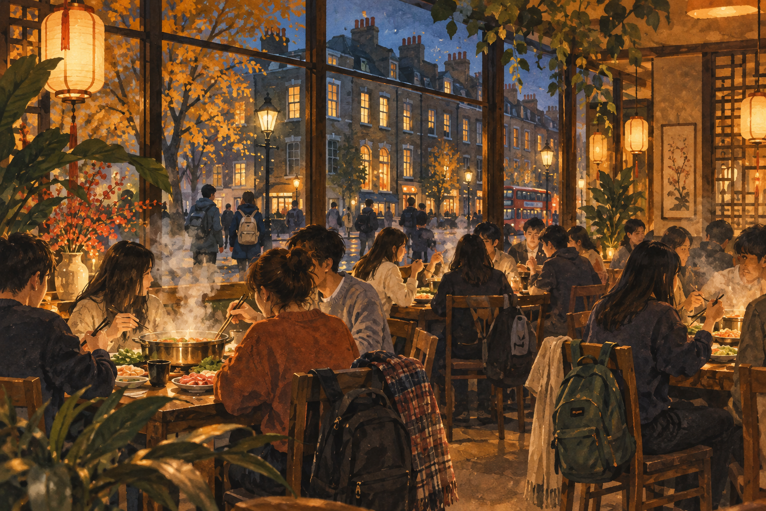 AI-generated illustration of young diners in a lively hotpot restaurant on an autumn evening in London, with rising steam, brick buildings, pedestrians and golden leaves beyond the window.