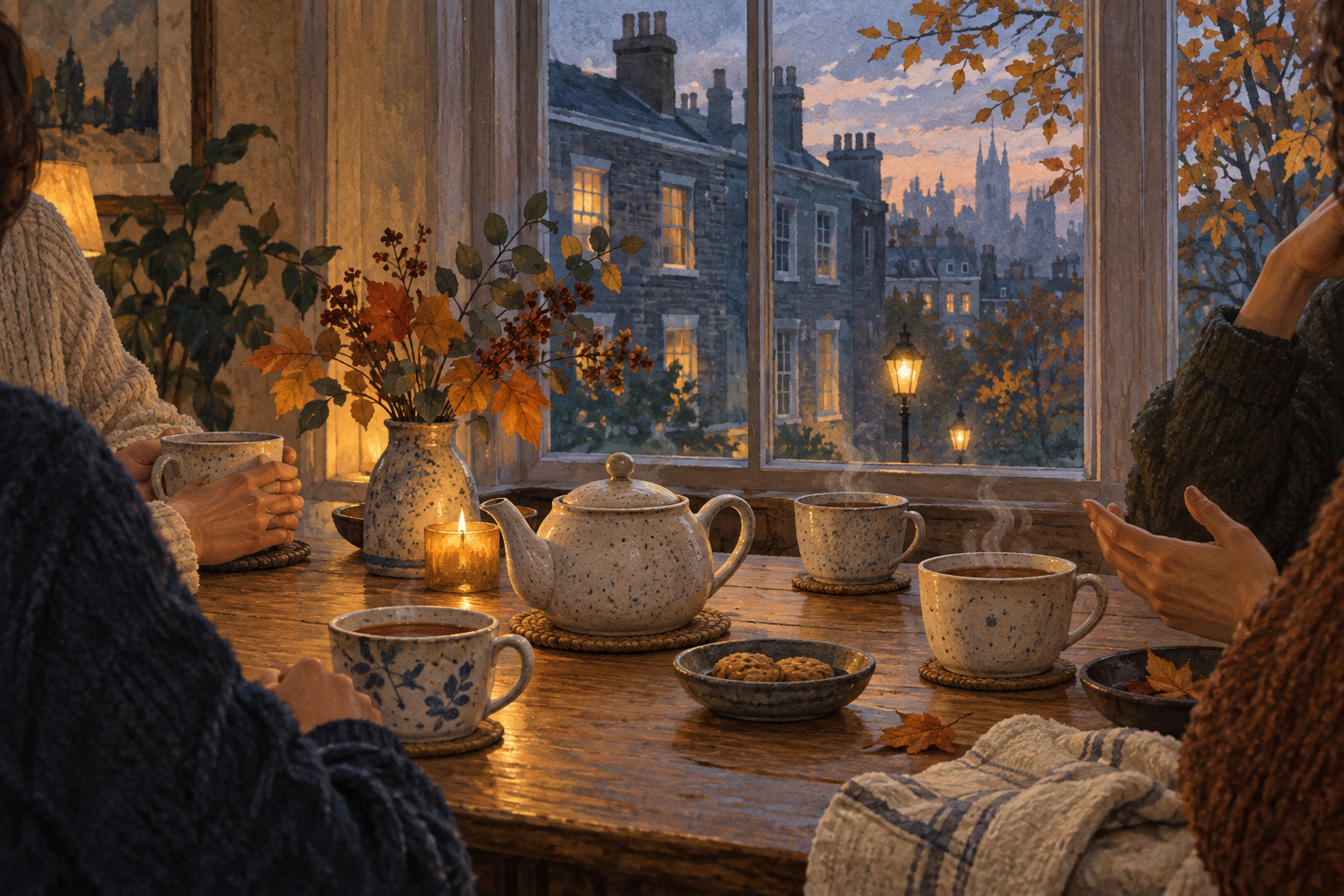 AI-generated illustration of friends around a wooden table by a window, with a teapot and steaming cups, overlooking a London street glowing with warm lights at dusk.